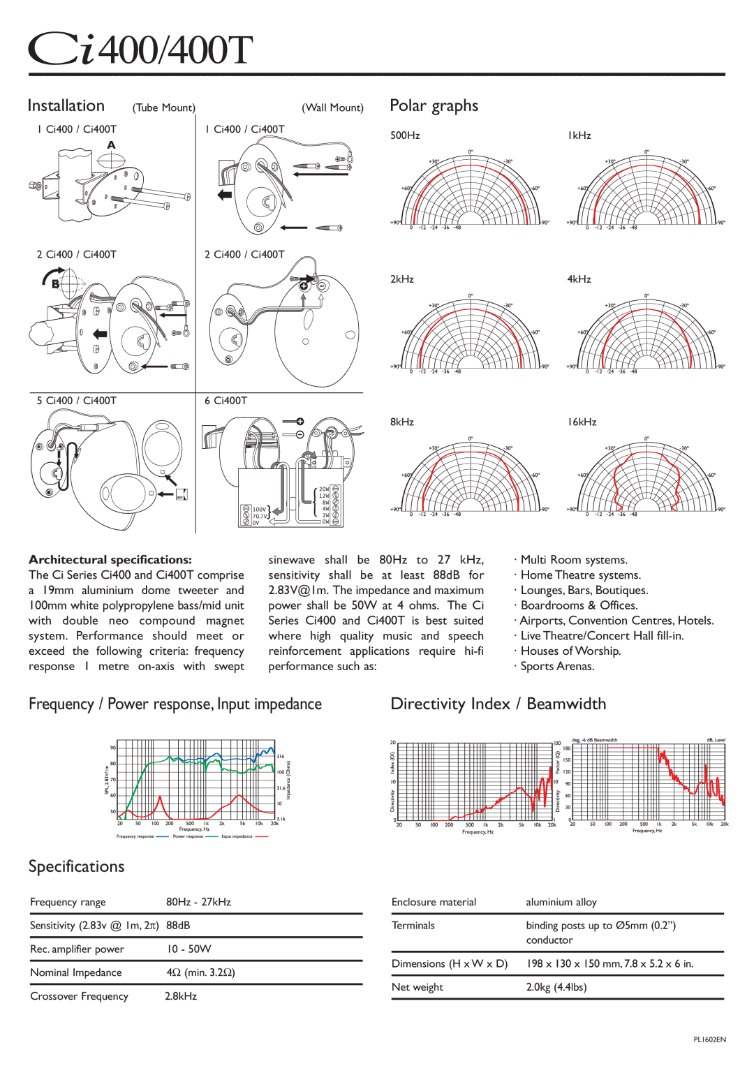 KEF Audio Ci400T Installation, Polar graphs, Specifications, Directivity Index / Beamwidth, Architectural specifications 