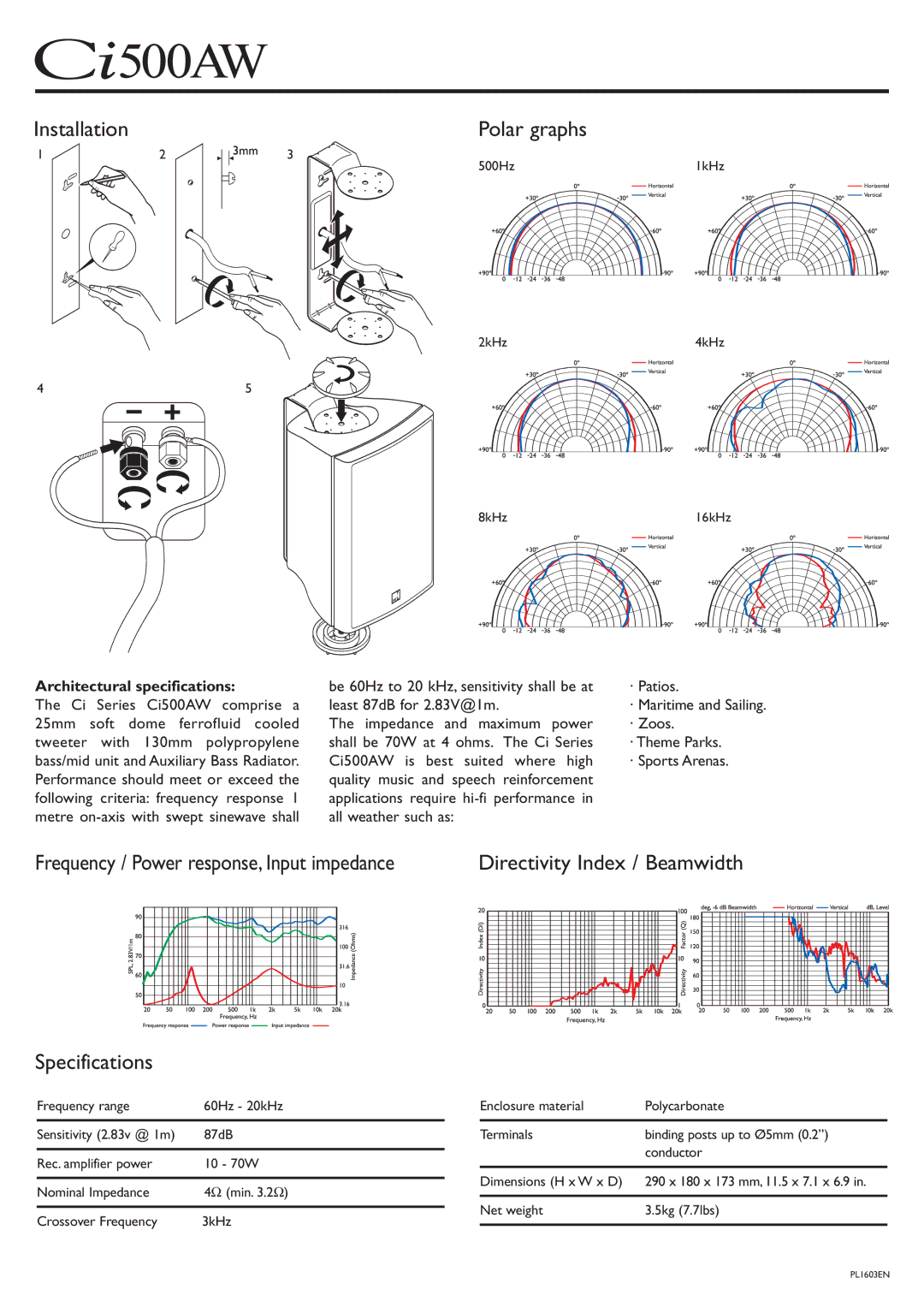 KEF Audio Ci500AW Installation Polar graphs, Specifications, Directivity Index / Beamwidth, Architectural specifications 