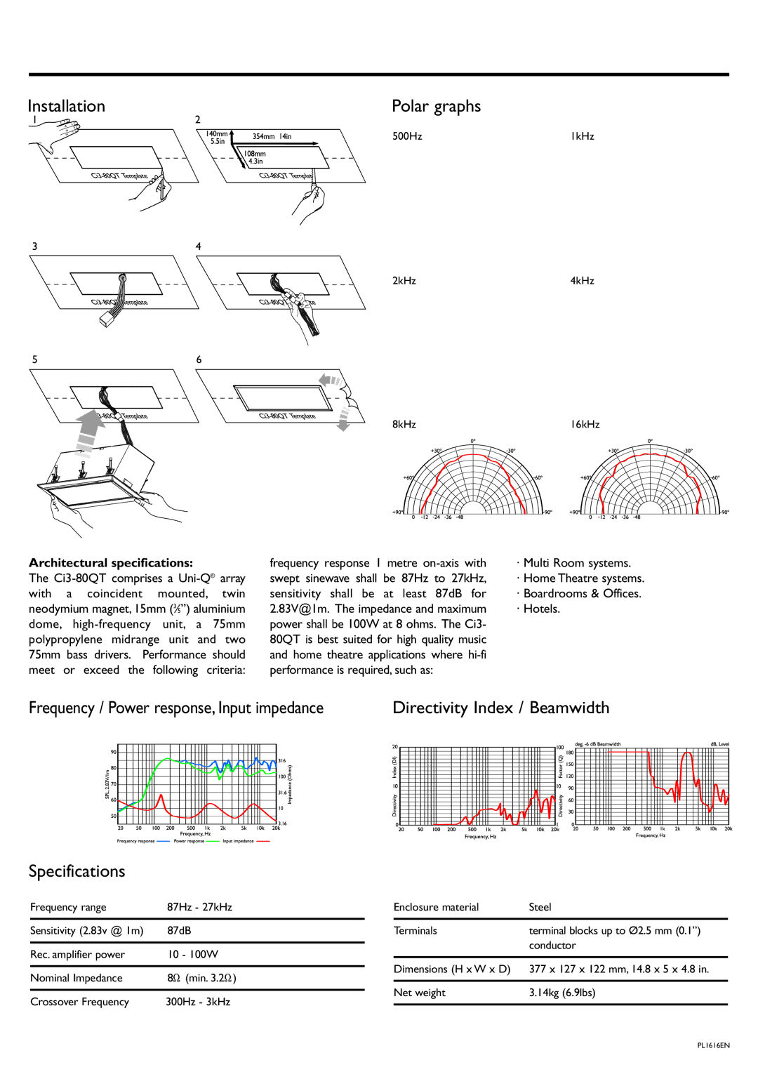 KEF Audio Ci50R manual Sensitivity shall be at least 87dB for 