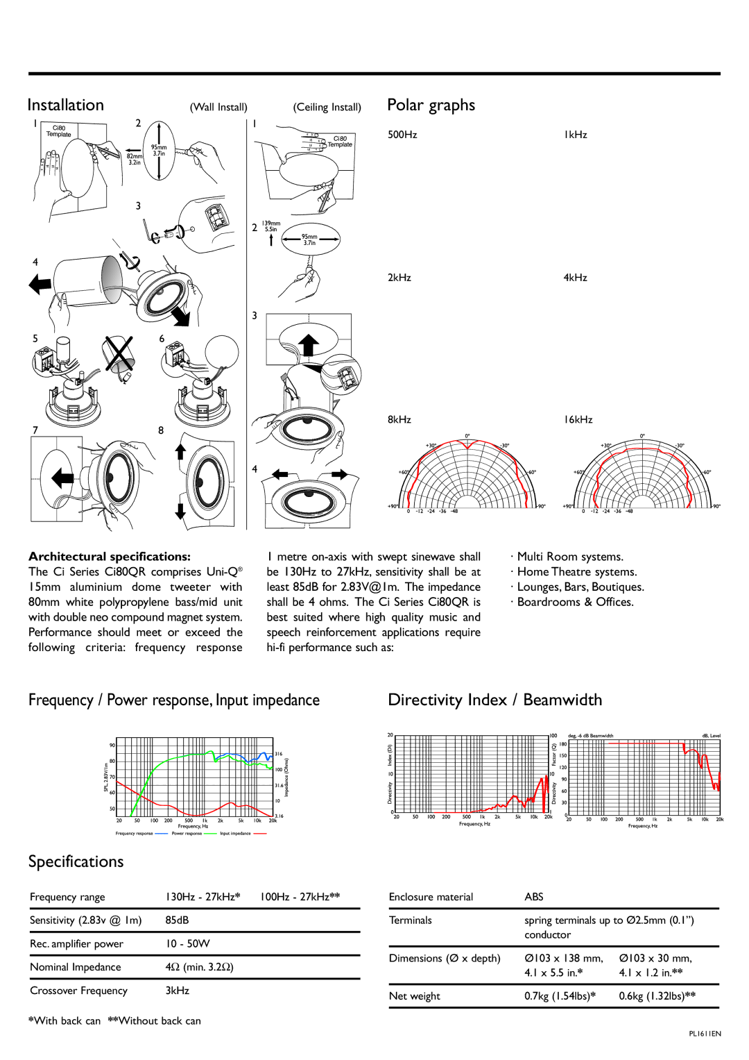 KEF Audio CI80QR manual Polar graphs, Specifications, Directivity Index / Beamwidth, Architectural specifications, Abs 