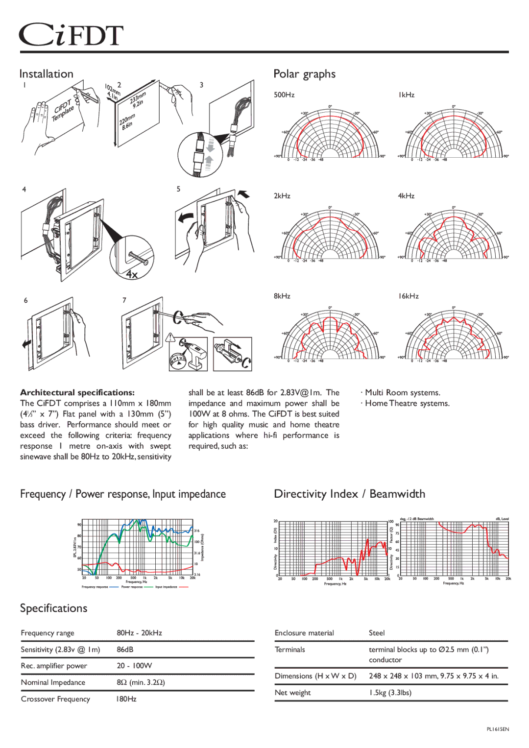 KEF Audio CiFDT manual Polar graphs, Specifications, Directivity Index / Beamwidth, Architectural specifications 