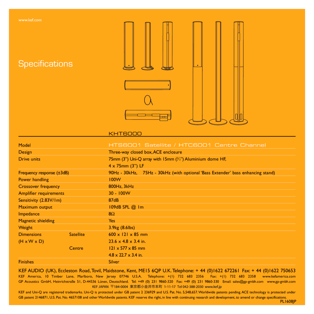 KEF Audio HTC6001, HTS6001, KHT6000 specifications Specifications 