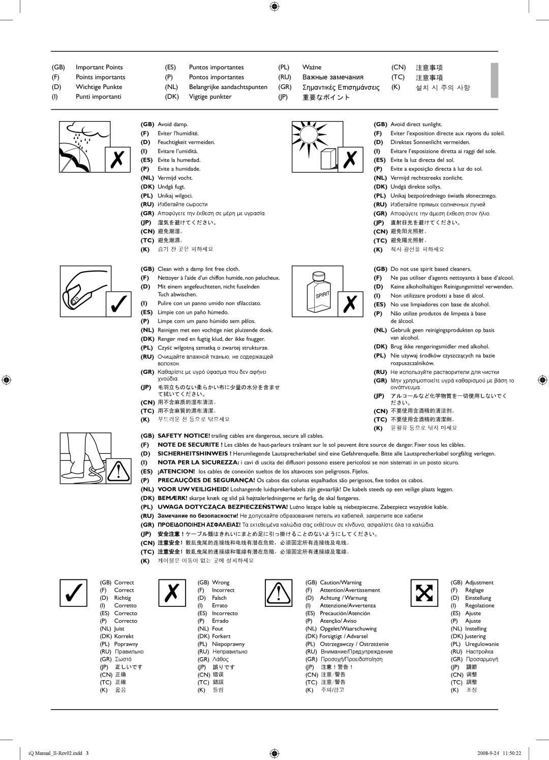 KEF Audio IQ10, IQ90, IQ50, IQ60C, IQ30, IQ70 specifications 注意事项, Cn 避免潮湿。 Tc 避免潮濕。 