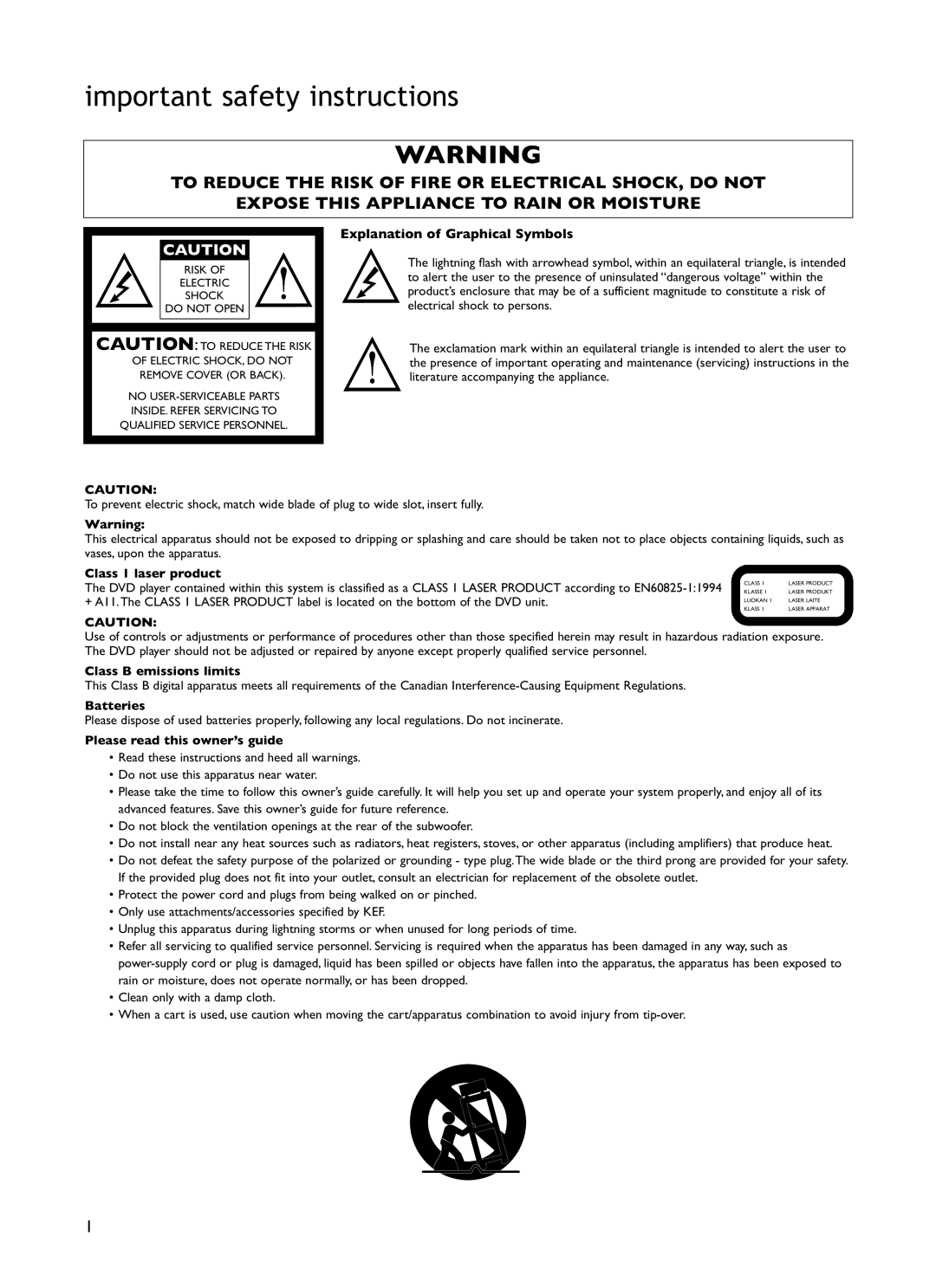 KEF Audio KIT100 Important safety instructions, Class 1 laser product, Class B emissions limits, Batteries 