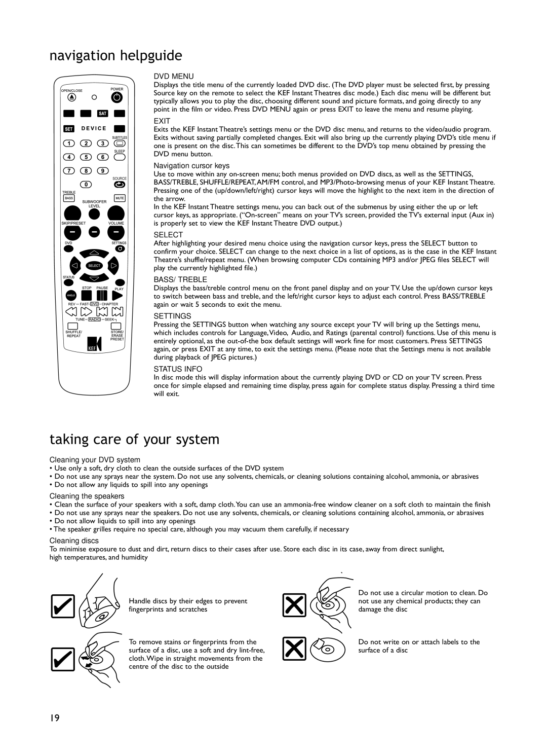 KEF Audio KIT100 installation manual Navigation helpguide, Taking care of your system, Settings 