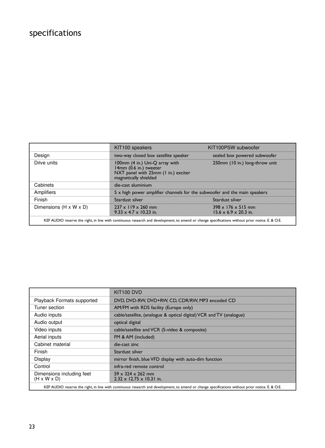 KEF Audio KIT100 installation manual Specifications, Drive units 