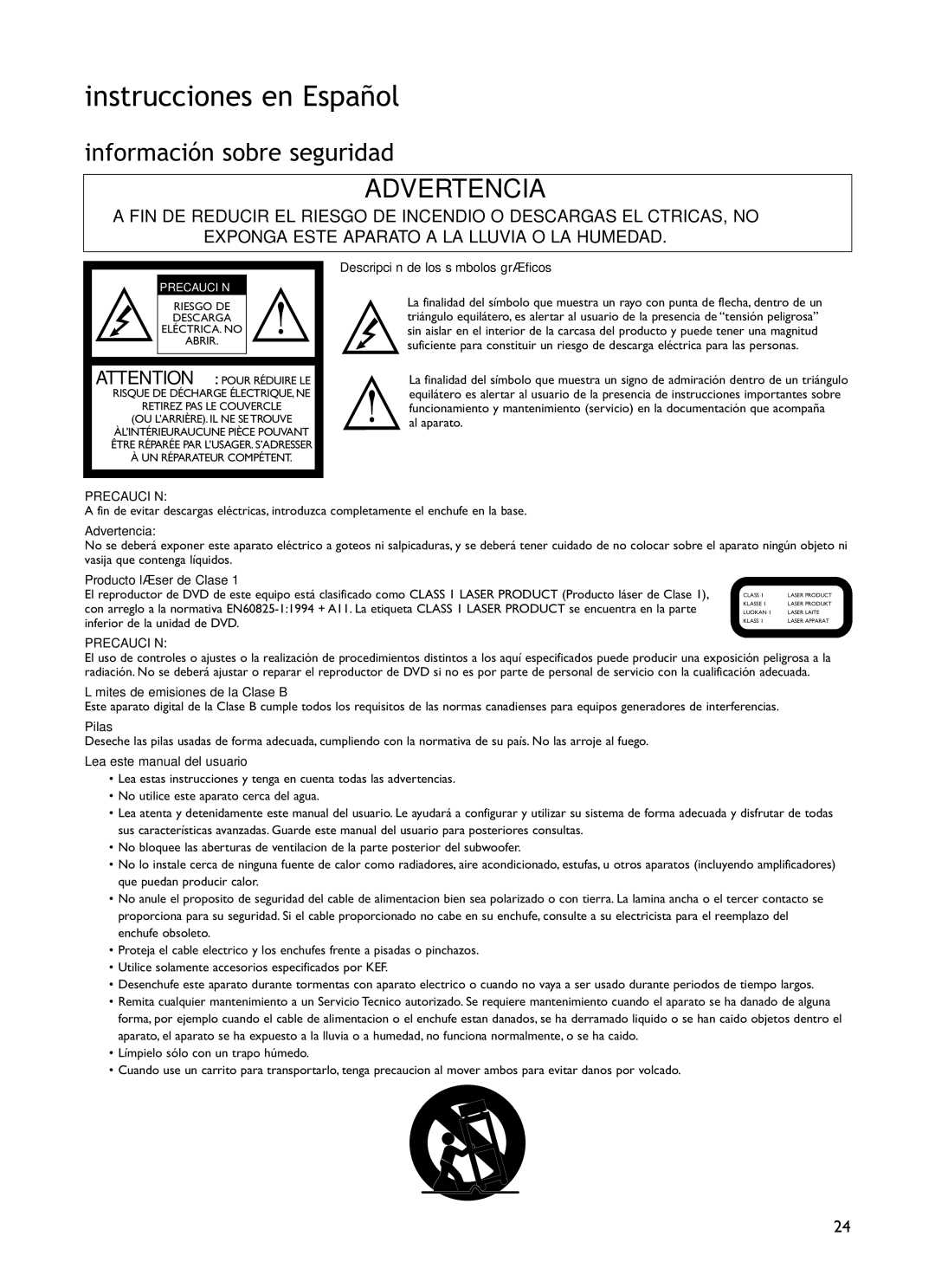 KEF Audio KIT100 installation manual Instrucciones en Español, Información sobre seguridad, Precaución 