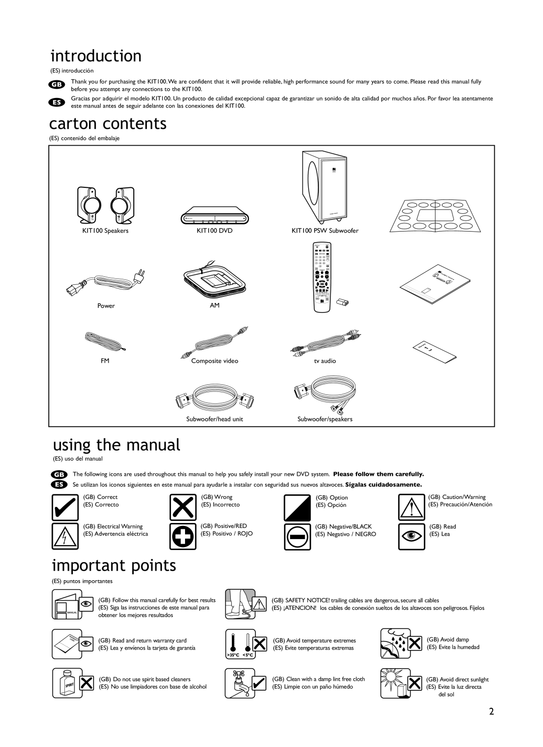 KEF Audio KIT100 installation manual Introduction, Carton contents, Using the manual, Important points 