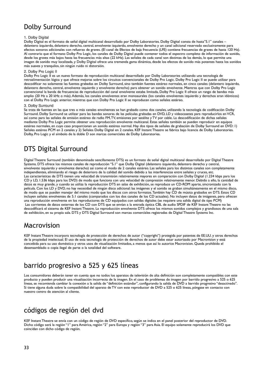 KEF Audio KIT100 installation manual Barrido progresivo a 525 y 625 líneas, Códigos de región del dvd 