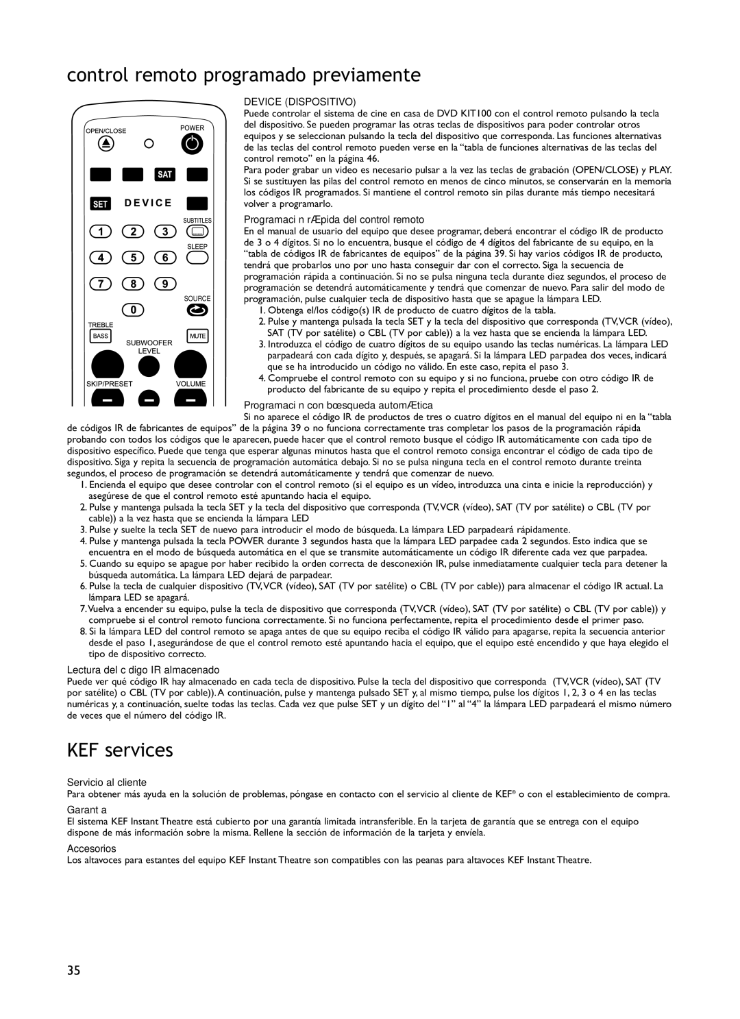 KEF Audio KIT100 installation manual Control remoto programado previamente 