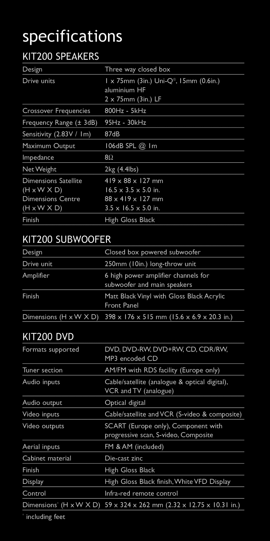 KEF Audio specifications, KIT200 SPEAKERS, KIT200 SUBWOOFER, KIT200 DVD 