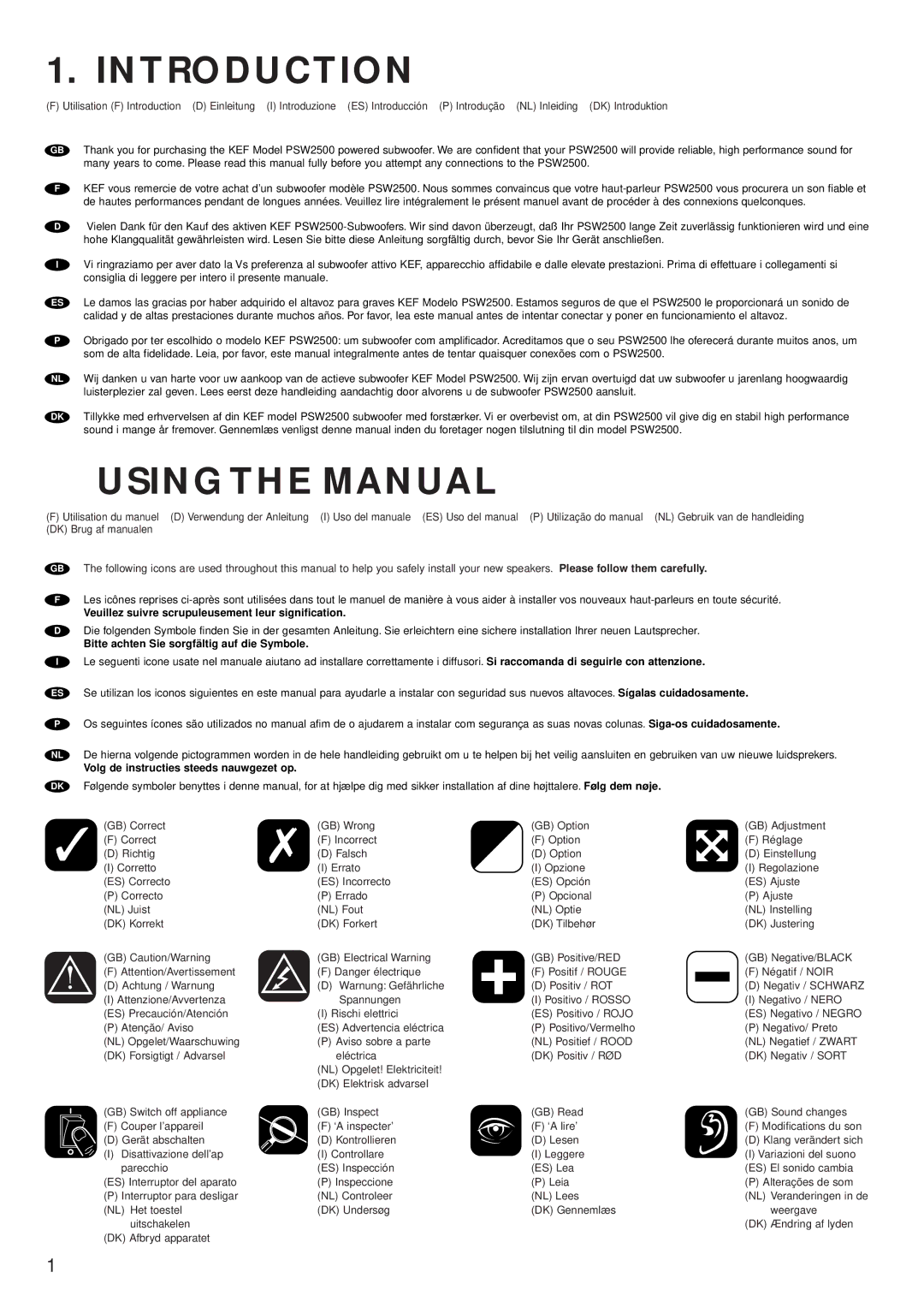 KEF Audio PSW 2500 specifications Introduction, Using the Manual 