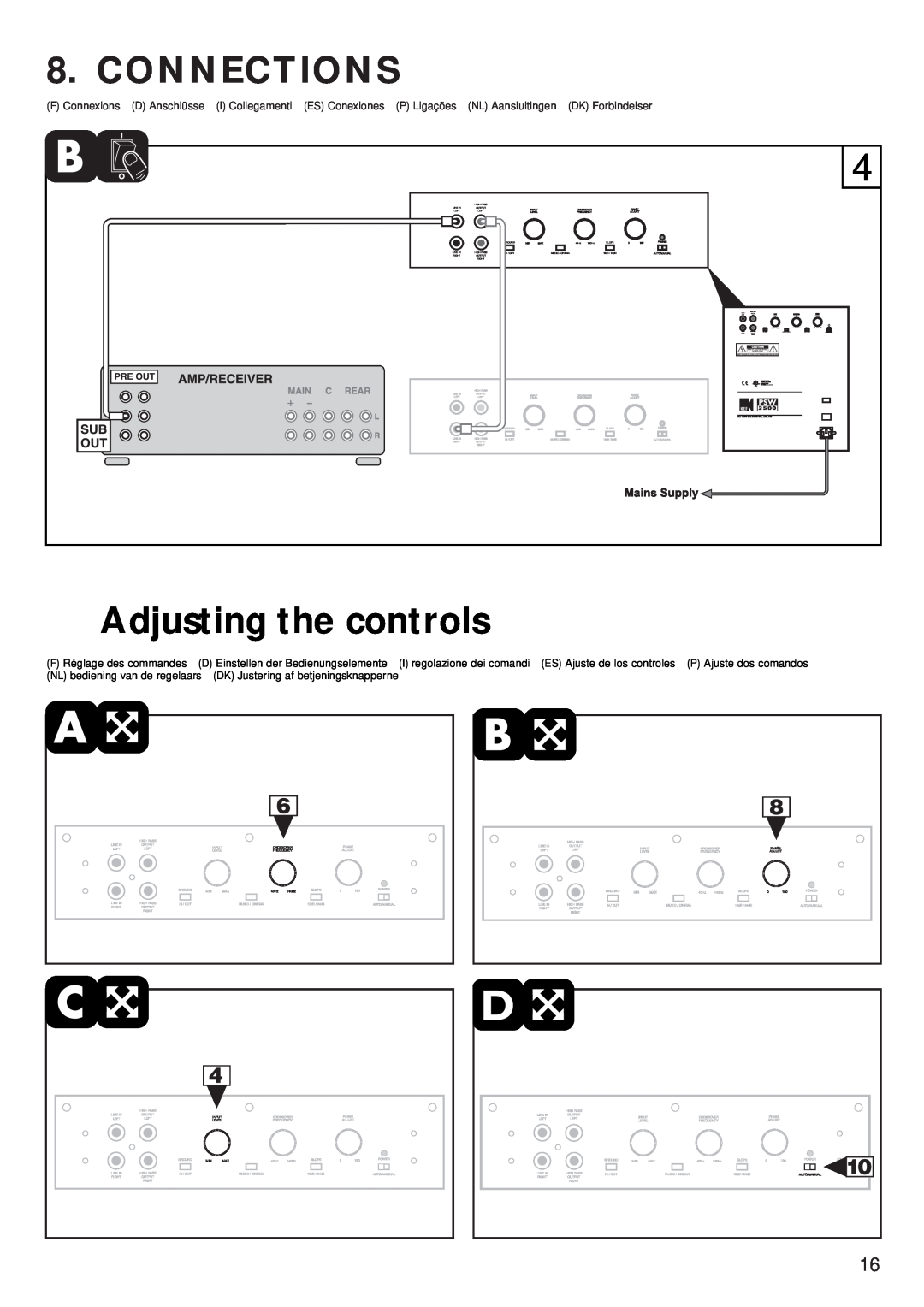 KEF Audio PSW 2500 specifications Adjusting the controls, Connections 
