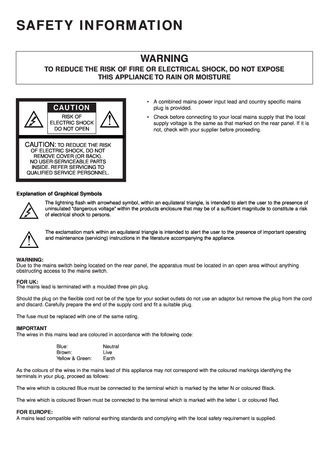 KEF Audio PSW 2500 specifications Safety Information, Explanation of Graphical Symbols, For Uk, For Europe 