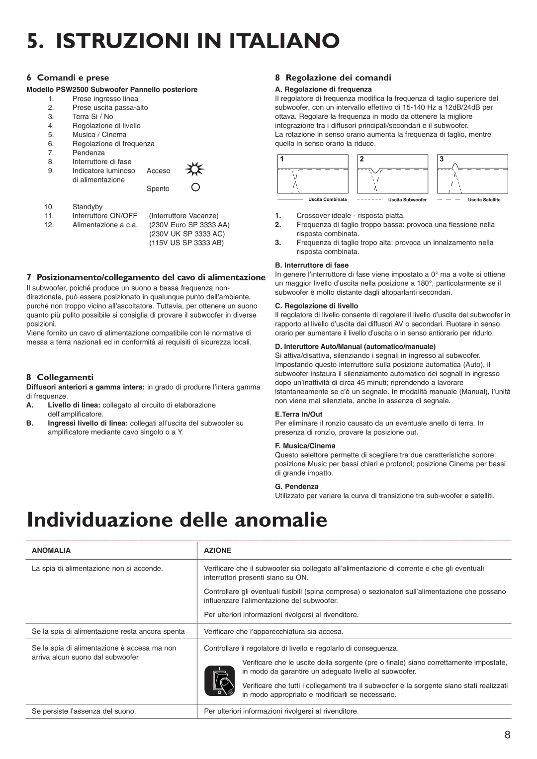 KEF Audio PSW2500 Istruzioni in Italiano, Individuazione delle anomalie, Comandi e prese Regolazione dei comandi 