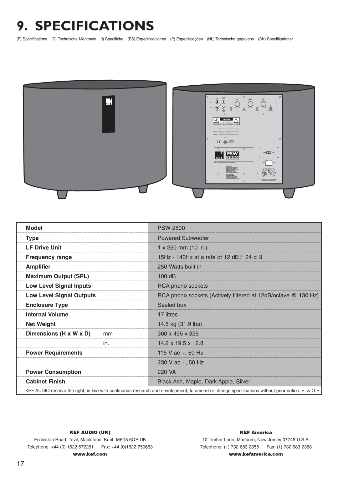 KEF Audio PSW2500 installation manual Specifications, Cabinet Finish 