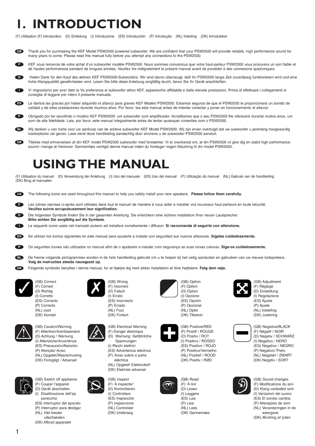 KEF Audio PSW2500 installation manual Introduction, Using the Manual 