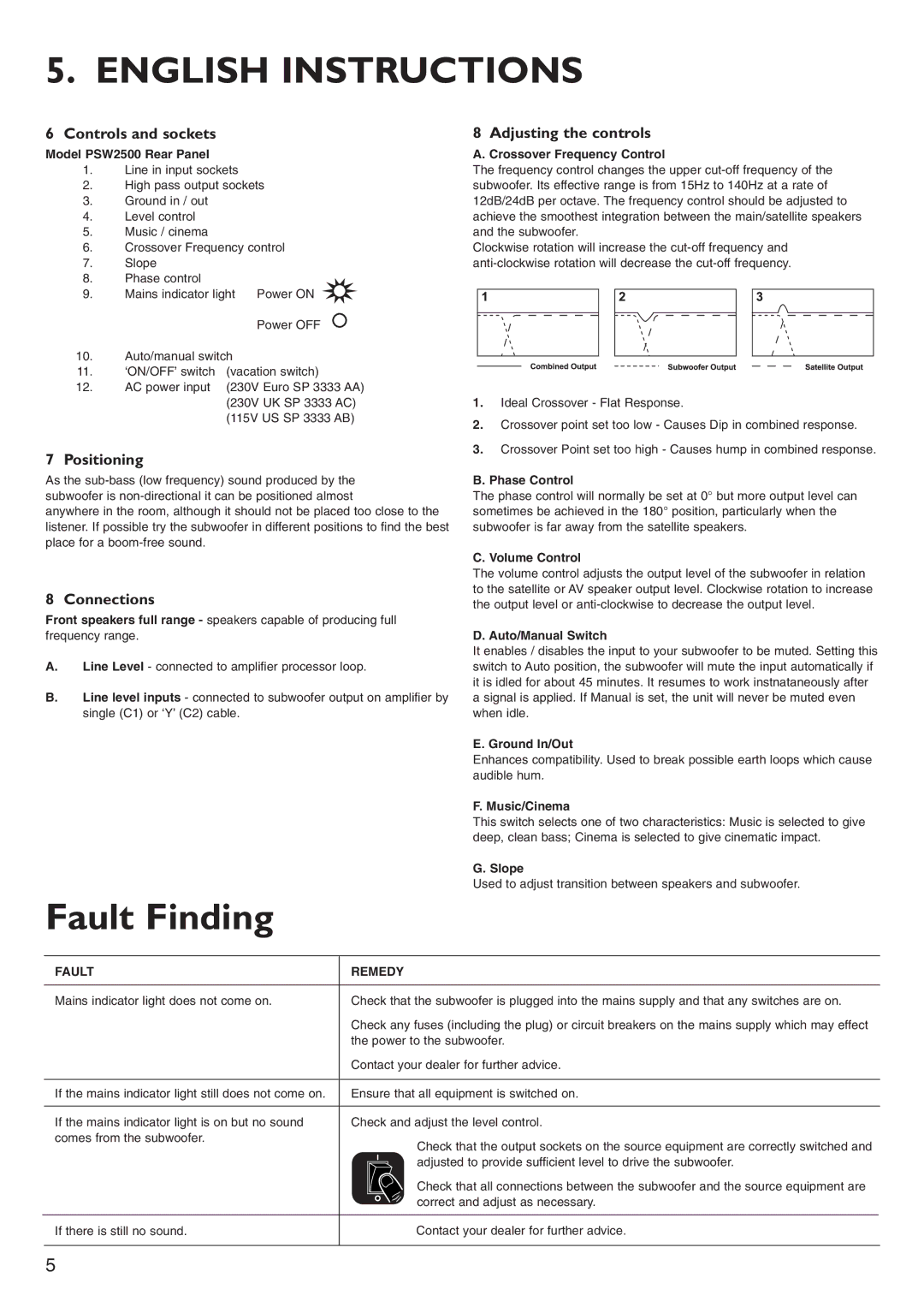 KEF Audio PSW2500 English Instructions, Fault Finding, Controls and sockets, Positioning Adjusting the controls 