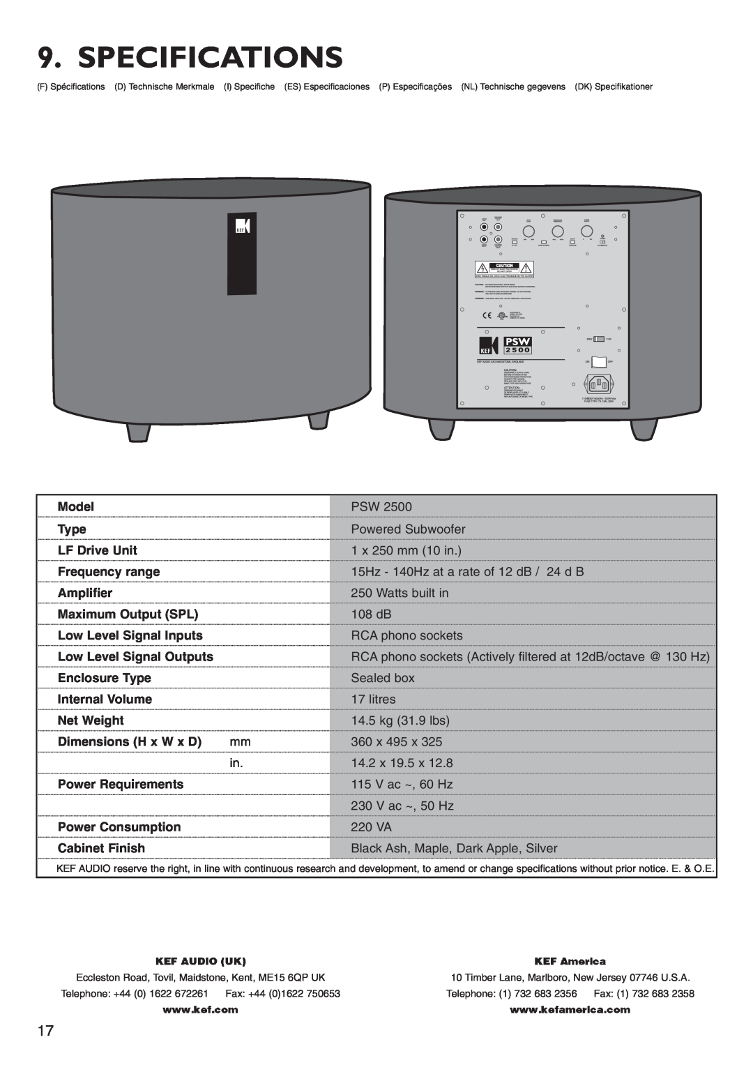 KEF Audio PSW2500 installation manual Specifications 