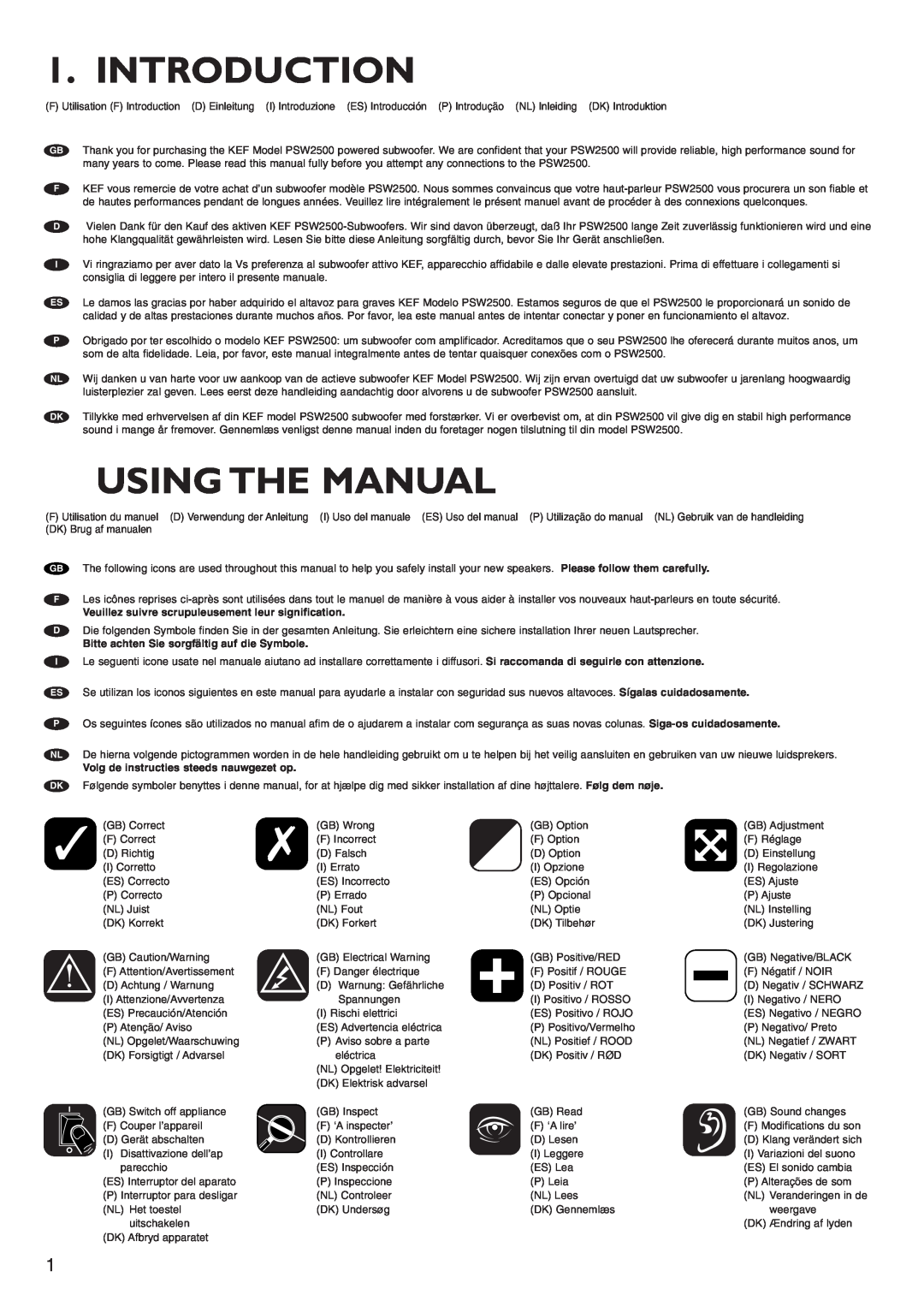 KEF Audio PSW2500 installation manual Introduction, Using The Manual, Bitte achten Sie sorgfältig auf die Symbole 