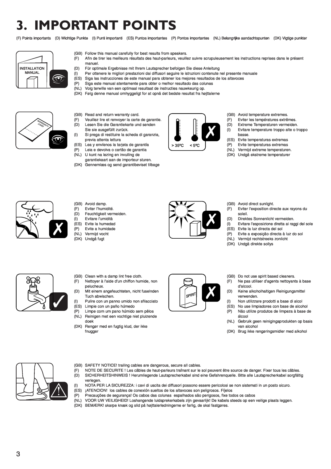 KEF Audio PSW2500 installation manual Important Points, 35ºC 