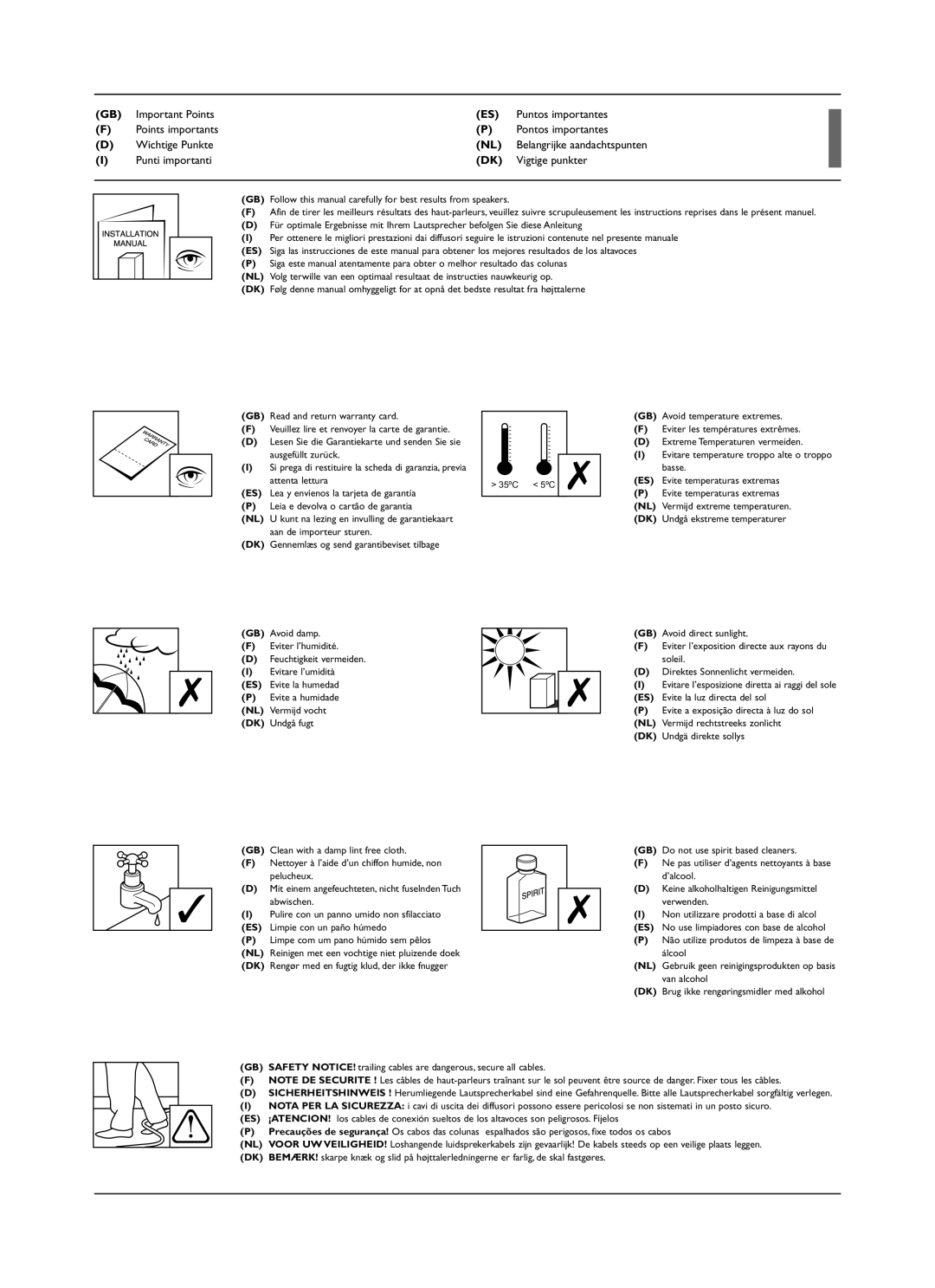 KEF Audio XQ10, XQ50C, XQ20, XQ30, XQ40 installation manual Evite a humidade NL Vermijd vocht DK Undgå fugt 