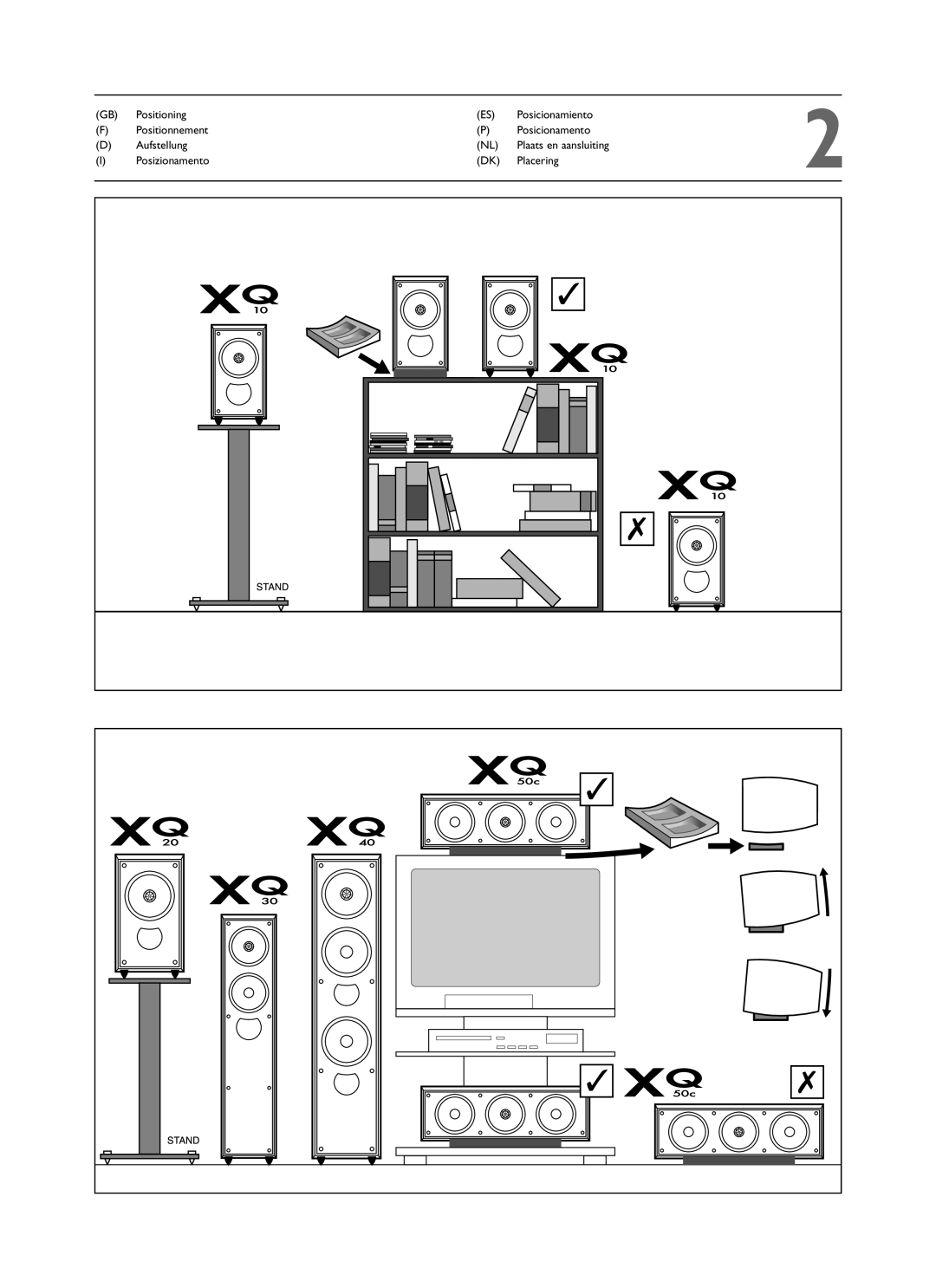 KEF Audio XQ20, XQ50C, XQ30, XQ40, XQ10 installation manual Posizionamento Placering 