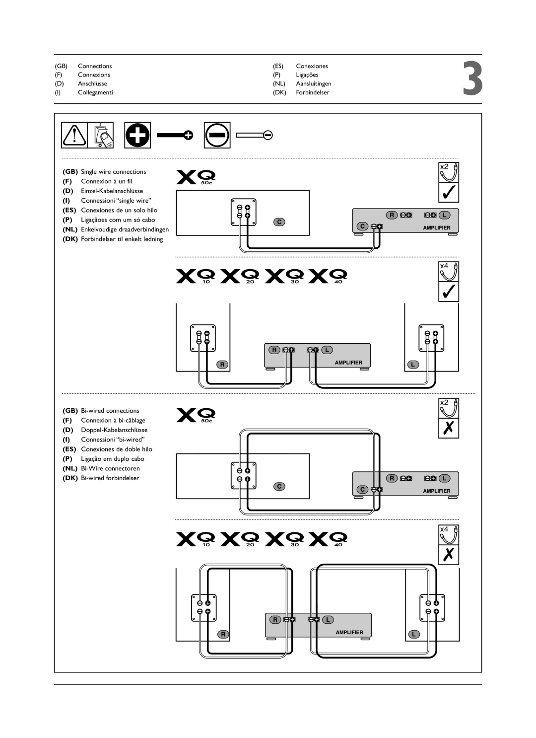 KEF Audio XQ30, XQ50C, XQ20, XQ40, XQ10 installation manual Connections Conexiones Connexions Ligações Anschlüsse 