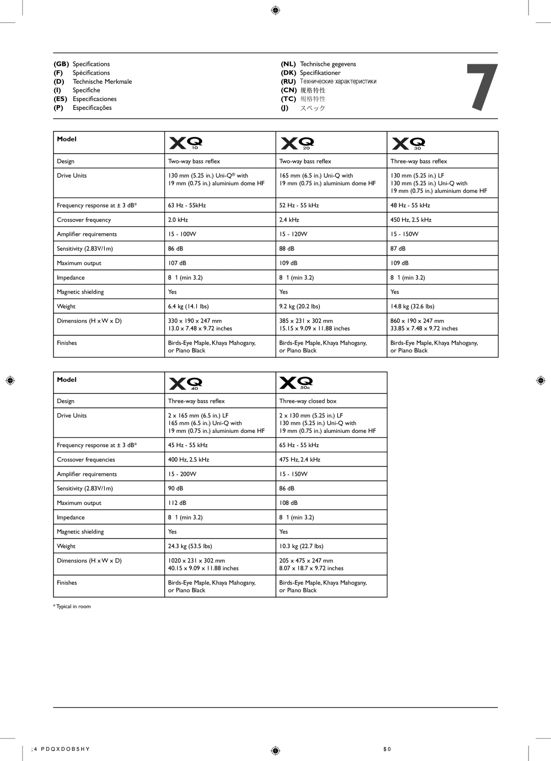 KEF Audio XQ50C, XQ20, XQ30, XQ40, XQ10 installation manual Cn 规格特性, Model 