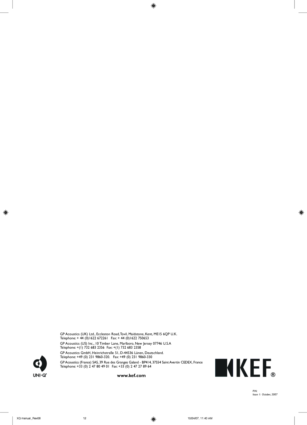 KEF Audio XQ30, XQ50C, XQ20, XQ40, XQ10 installation manual Issue 1 October 