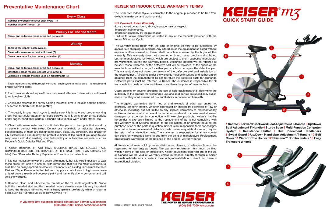 Keiser m3 manual Quick Start Guide, Every Class, Weekly For The 1st Month, Monthly 