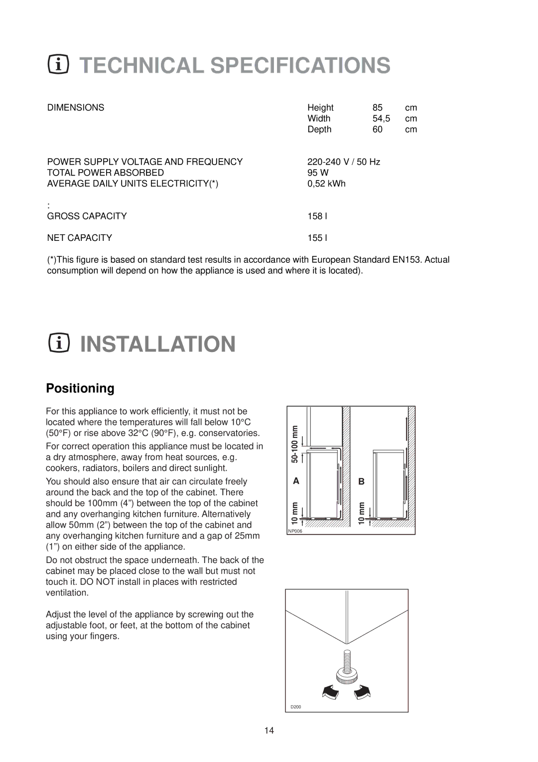 Kelvinator ER 1531T manual Technical Specifications, Installation, Positioning 