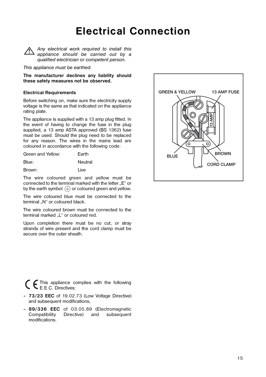 Kelvinator ER 1642 T manual Electrical Connection, Brown Live 