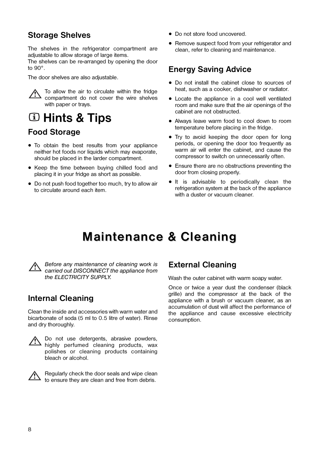 Kelvinator ER 1642 T manual Hints & Tips, Maintenance & Cleaning 