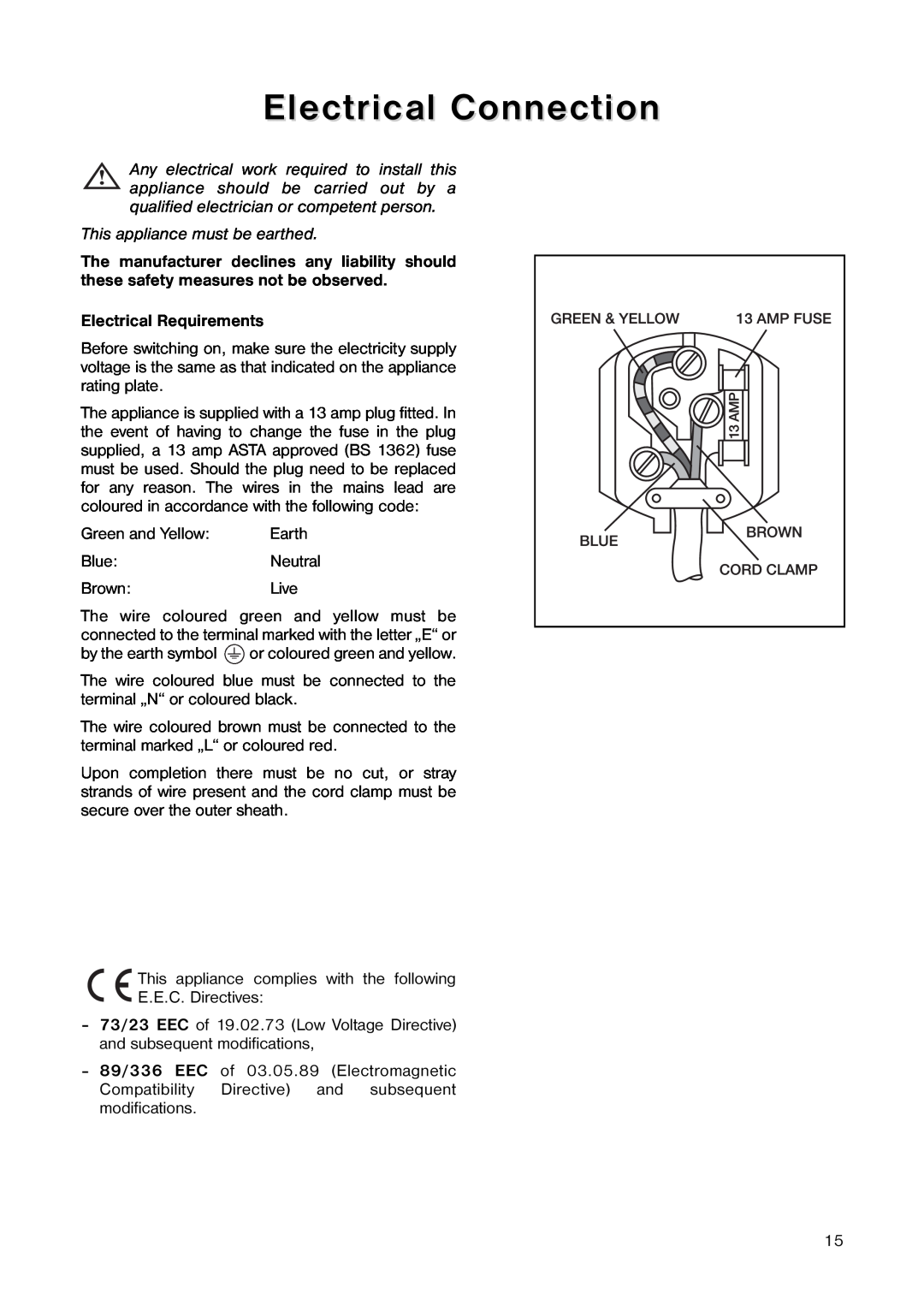 Kelvinator ER 1642 T manual Electrical Connection, This appliance must be earthed, Electrical Requirements 