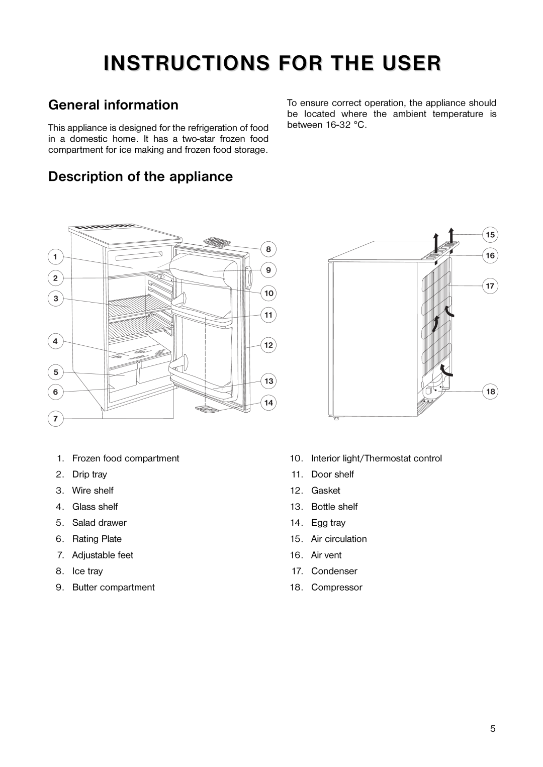 Kelvinator ER 1642 T manual Instructions For The User, General information, Description of the appliance 