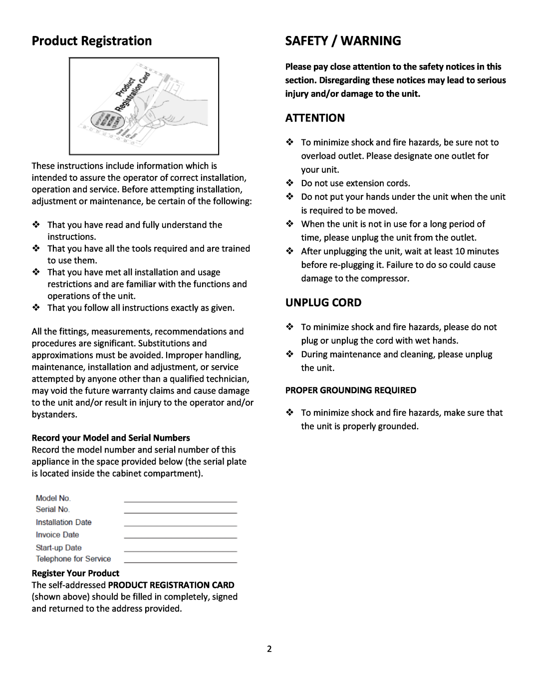 Kelvinator KCGM10RW, KCGM13FW Product Registration, Safety / Warning, Unplug Cord, Record your Model and Serial Numbers 