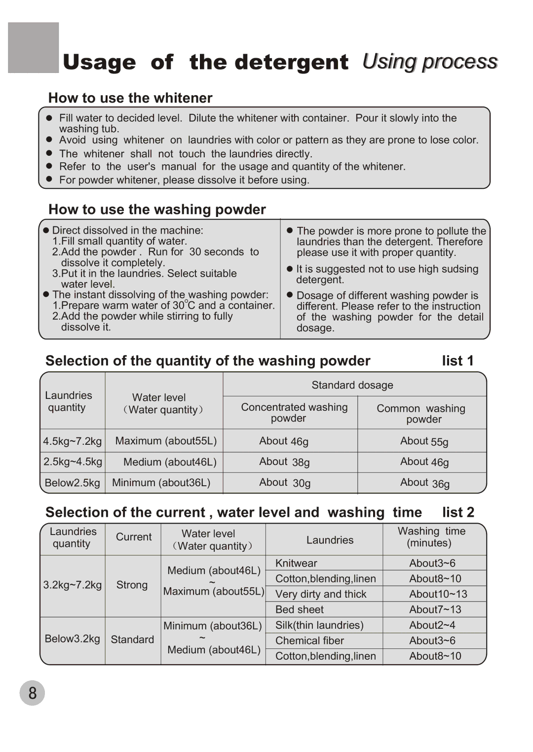 Kelvinator KL72TT user manual Usage of the detergent Using process, How to use the whitener 