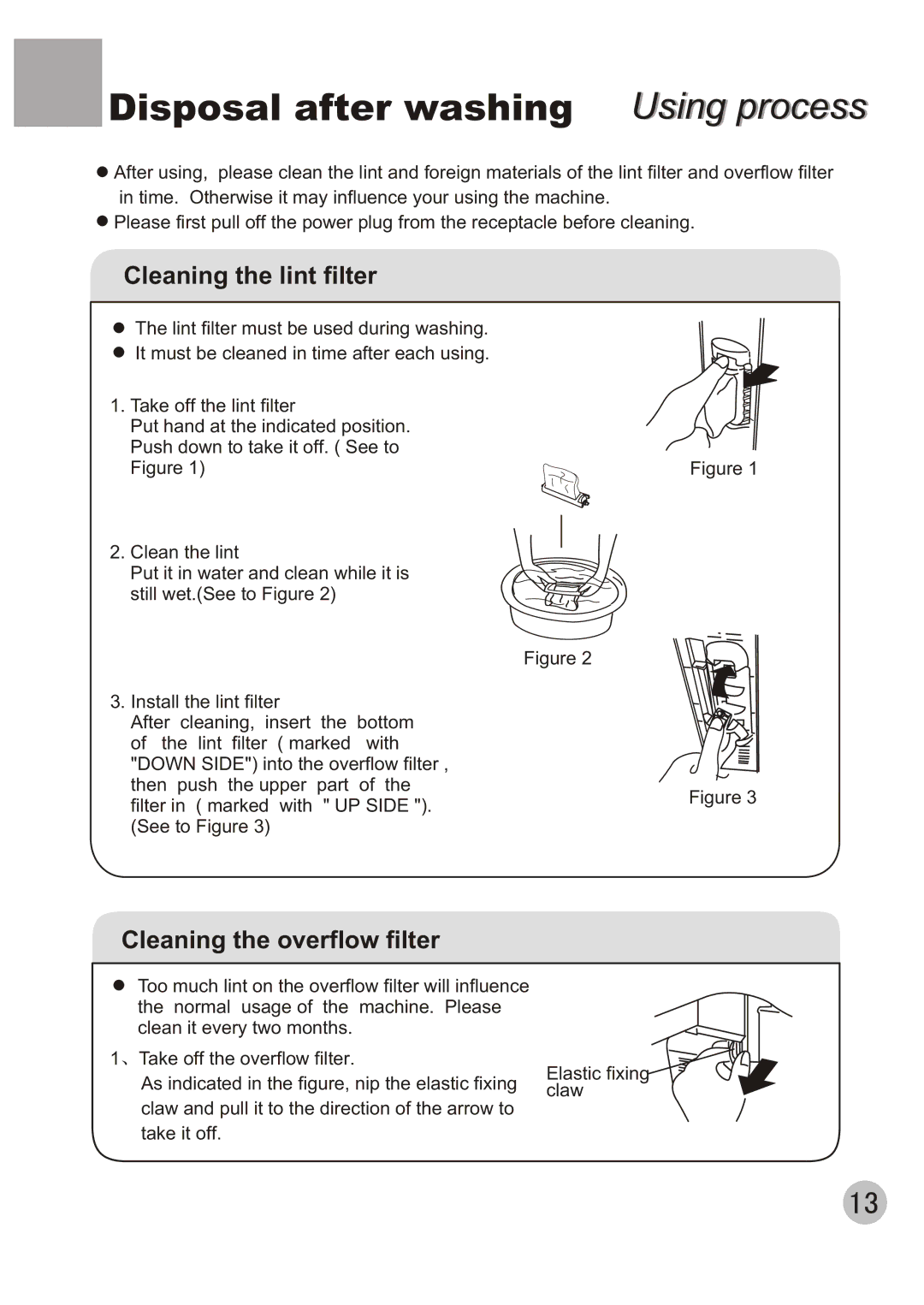 Kelvinator KL72TT user manual Disposal after washing Using process, Cleaning the lint filter 