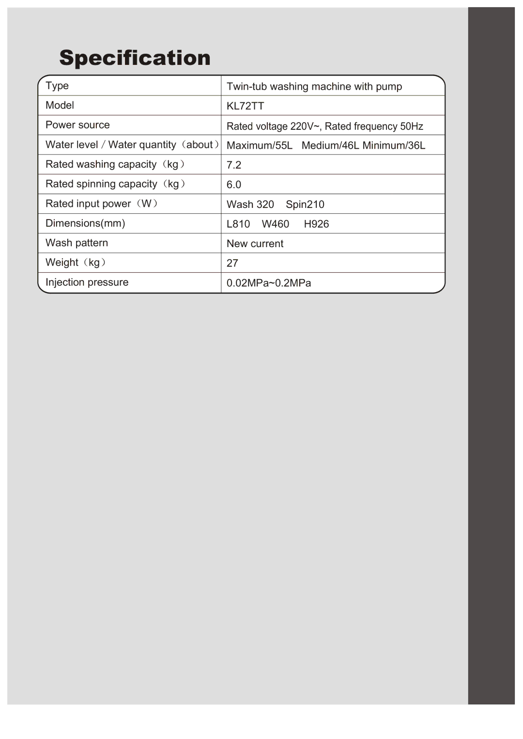 Kelvinator KL72TT user manual Specification 