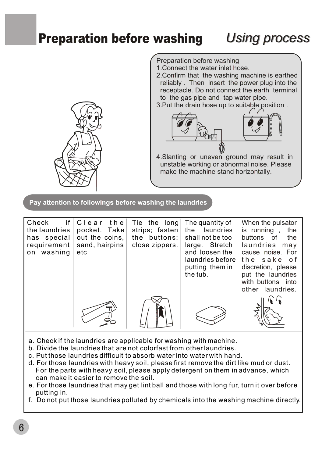 Kelvinator KL72TT Preparation before washing Using process, Pay attention to followings before washing the laundries 