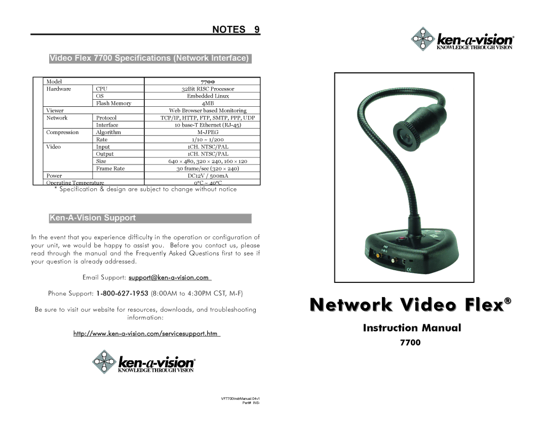 Ken-A-Vision 7700 instruction manual Email Support support@ken-a-vision.com 