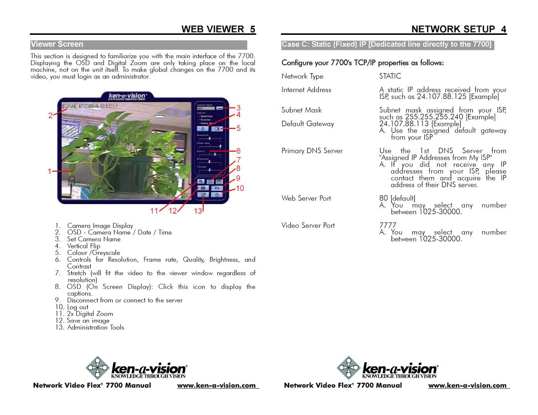 Ken-A-Vision 7700 instruction manual WEB Viewer Network Setup, Case C Static Fixed IP Dedicated line directly to 