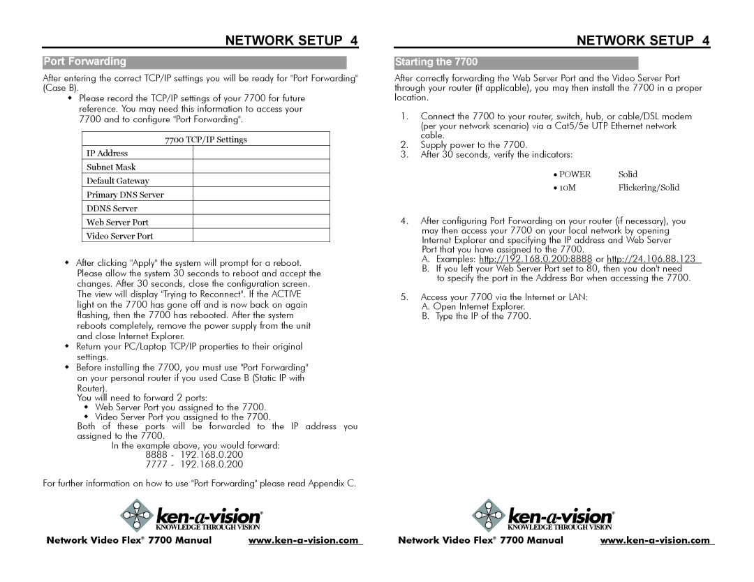 Ken-A-Vision 7700 instruction manual Starting 