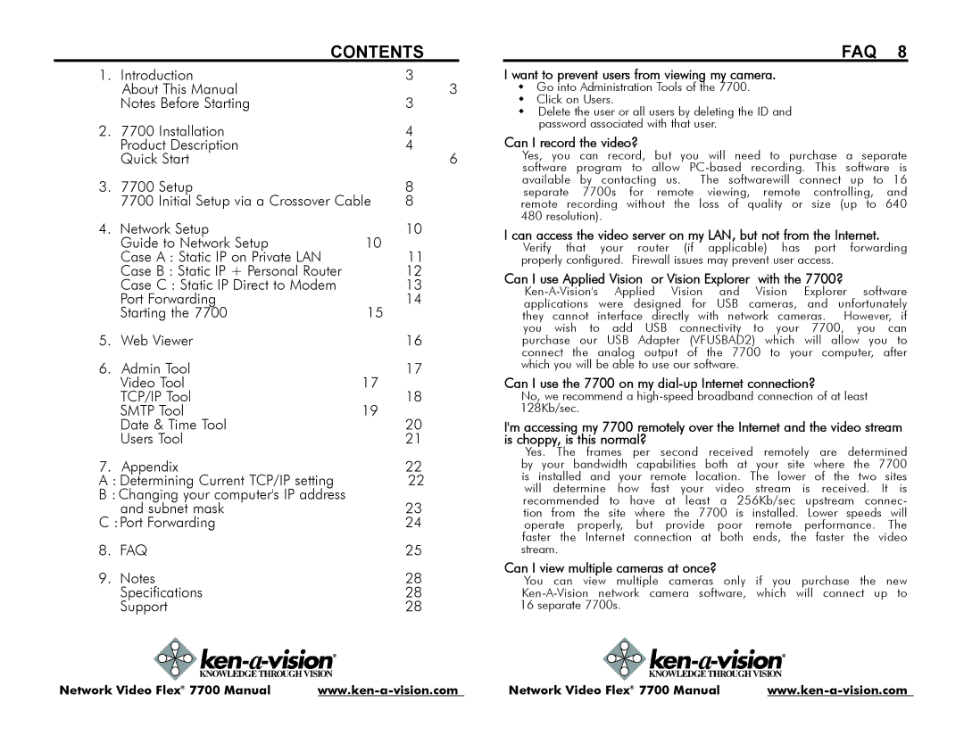 Ken-A-Vision 7700 instruction manual Contents, Faq 