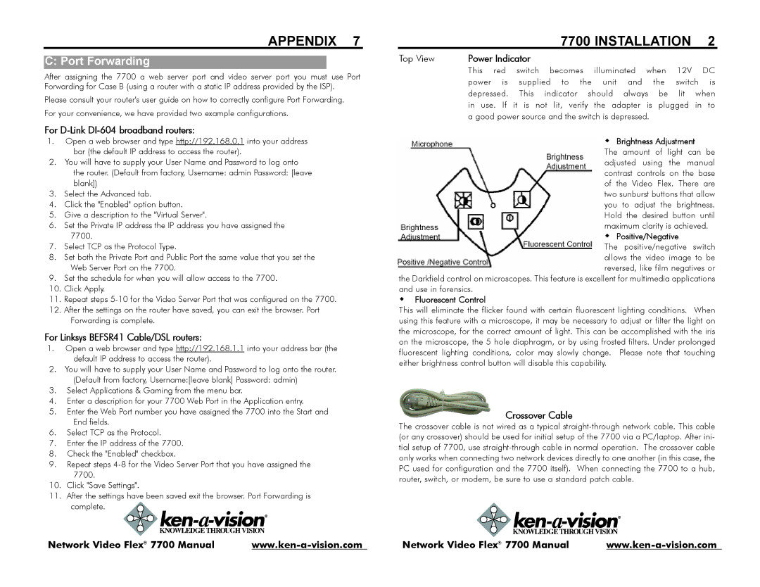 Ken-A-Vision 7700 Appendix, For D-Link DI-604 broadband routers, For Linksys BEFSR41 Cable/DSL routers, Power Indicator 