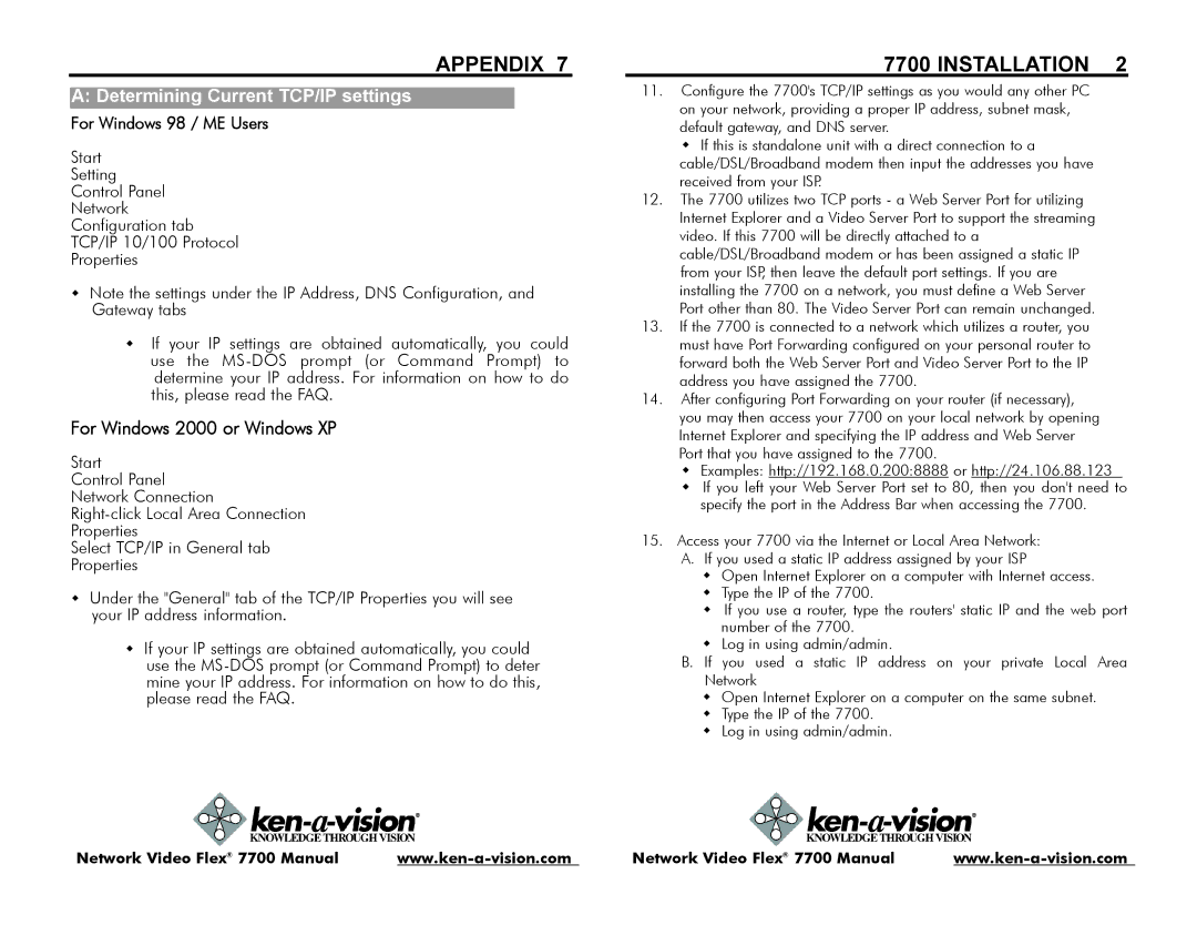 Ken-A-Vision 7700 instruction manual For Windows 98 / ME Users 