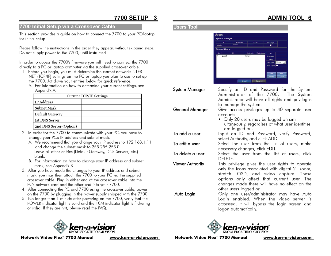 Ken-A-Vision 7700 instruction manual Admin Tool 