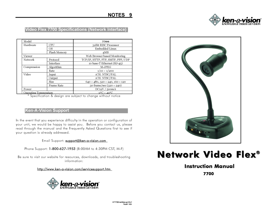 Ken-A-Vision 7700 instruction manual Ken-A-Vision Support, Network Video Flex, Email Support support@ken-a-vision.com 