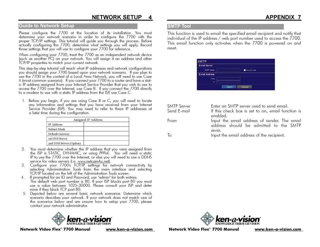 Ken-A-Vision 7700 instruction manual Network Setup, Appendix, SMTP Server 